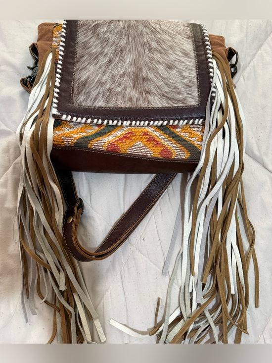 Myra Bag Handbags - Boho Fringe Leather Crossbody Bag cow print - Brown & White